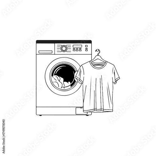 Washing machine with clothes inside and a t-shirt on a hanger.