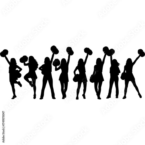 Silhouette of cheerleaders with pom-poms in various poses.