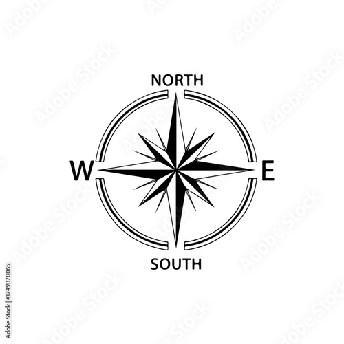 Compass rose with North, South, East, and West directions in black and white.
