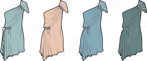 Elegant collection of one-shoulder draped dresses in various stylish colors, perfect for fashion design and modern women's apparel concepts, emphasizing contemporary style and chic silhouettes