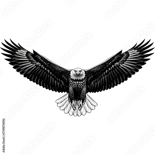 Majestic bald eagle soaring with outstretched wings, detailed black and white illustration.