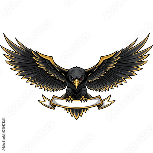 Illustration of a black eagle with outstretched wings holding a banner.