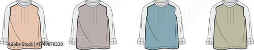 Sleeveless blouse fashion technical flat sketch set. Women's top vector design template with color variations for apparel mockups