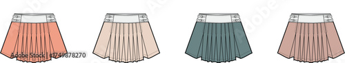 Collection of pleated skirts in different colors, fashion design illustration for apparel concept