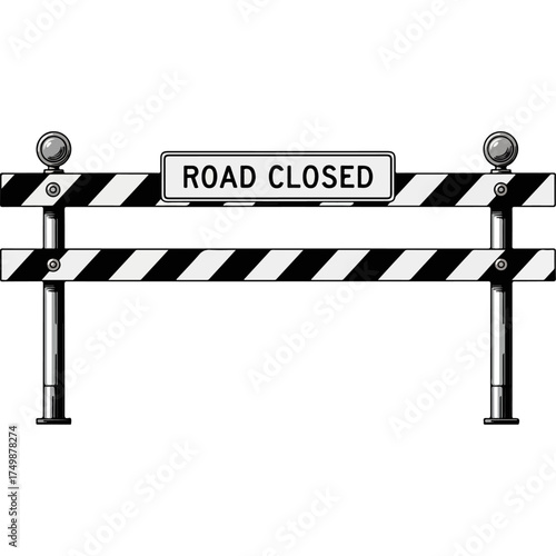 Road closed barrier with black and white stripes and lights.
