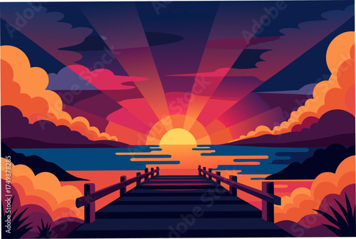 Sunset view from a wooden pier on the sea on transparent background