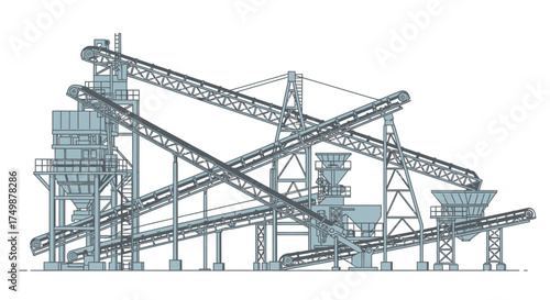 A detailed vector illustration of an industrial processing plant, showcasing a complex system of conveyor belts and machinery for quarrying