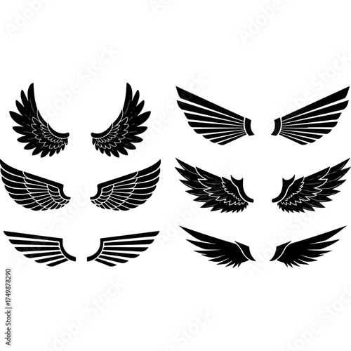 Various styles of black and white wings illustrations.