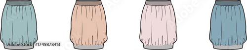 Four women's comfortable shorts illustrations, featuring gathered details and elasticized cuffs. Soft pastel colors provide versatile apparel design elements for fashion concepts