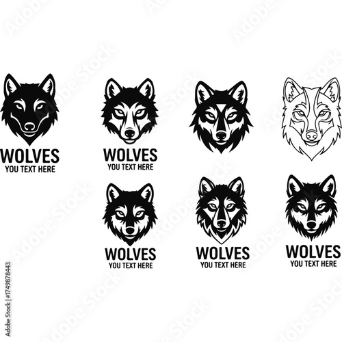 Collection of wolf head logos in black and white.