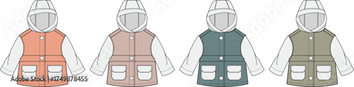 Collection of four children's hooded puffer vests in various colors, showcasing front pockets and stylish design