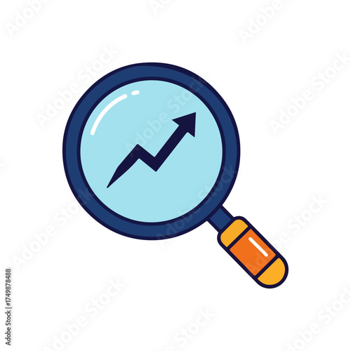 Magnifying glass with an upward trending arrow inside, suggesting growth or analysis.