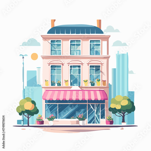 Cartoon illustration of a retail building with a striped awning and city skyline