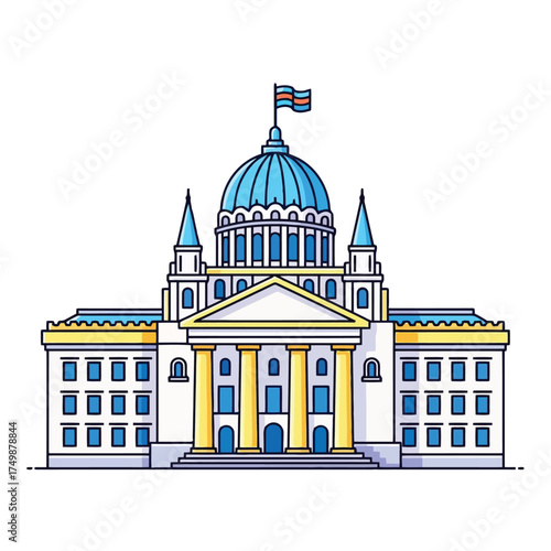 Grand government building with dome and flags isolated on white background
