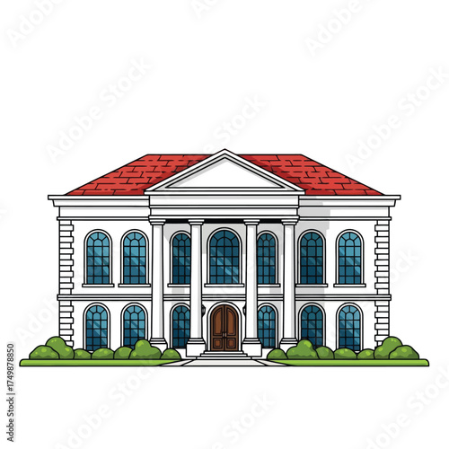 Grand white neoclassical building with red roof isolated on white background
