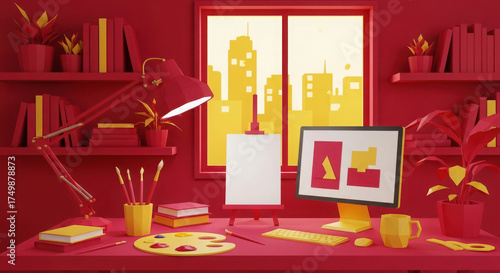 Creative art studio workspace with computer painting palette and window view