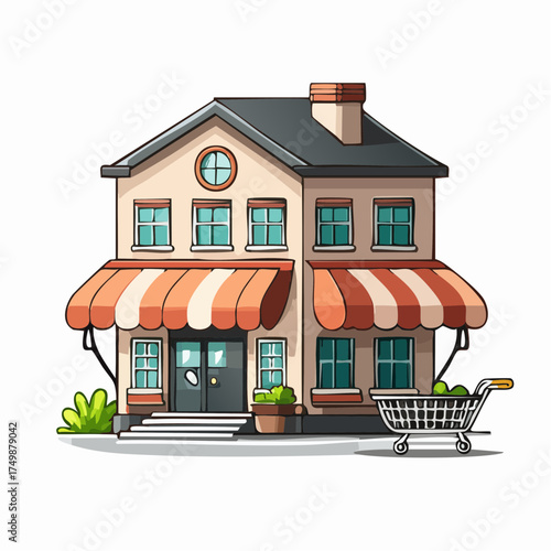 Cartoon store illustration with striped awning and shopping cart