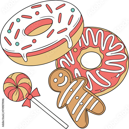 Cute Holiday Dessert Set Featuring Donuts, Gingerbread, and Candy Cane Vector