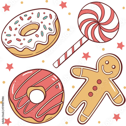 Cute Holiday Dessert Set Featuring Donuts, Gingerbread, and Candy Cane Vector