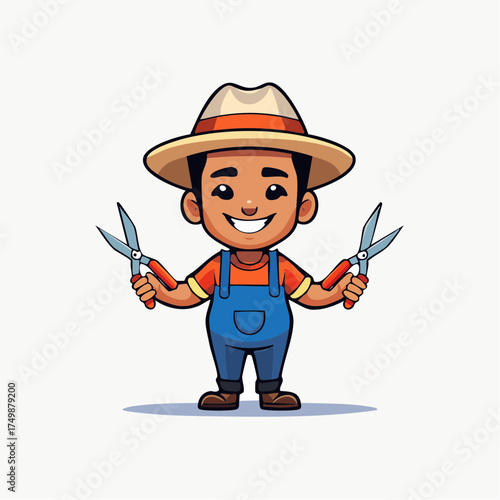 Cheerful gardener cartoon holding pruning shears with a wide smile