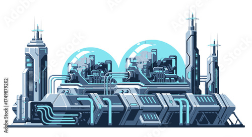 Futuristic industrial complex with domes, towers, and interconnected piping, rendered in a pixel art style.