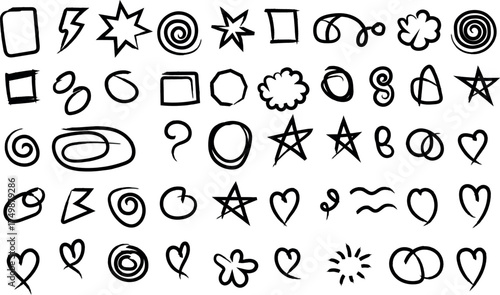Hand drawn doodle shapes and symbols illustration seamless pattern background