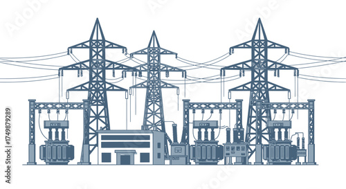 Illustration of a power plant with transmission towers, transformers, and a building, depicted in a blue line art style on a white background.