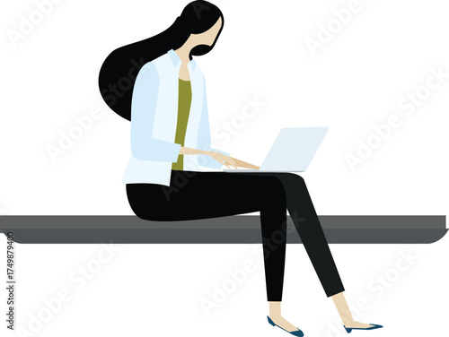Girls is working with laptop template vector art