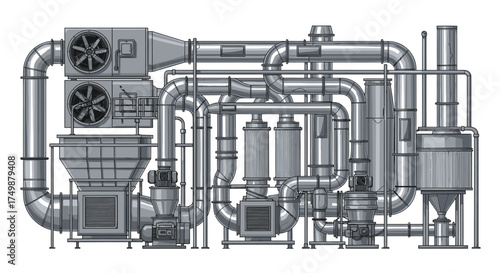 A detailed monochrome illustration of a complex industrial processing plant, showcasing an intricate network of pipes, machinery, and ventilation systems