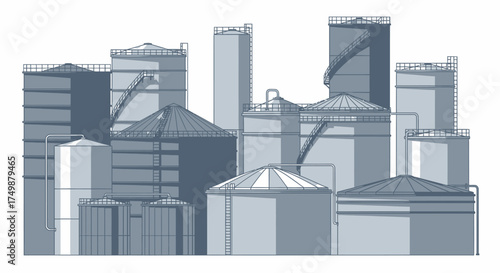 Vector illustration of a modern industrial plant with a group of large storage tanks for fuel, oil, and chemicals