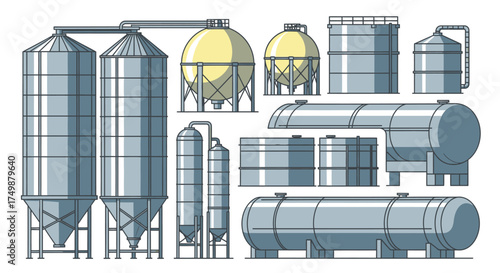 Vector illustration set of industrial equipment featuring various types of storage tanks, silos, and reservoirs for factory and plant operations