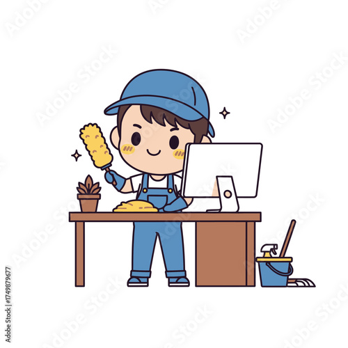 Cartoon cleaner dusting a desk with computer, plant, and cleaning supplies.