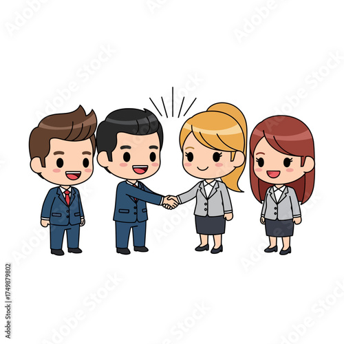 Cute cartoon business people shaking hands for a successful agreement.