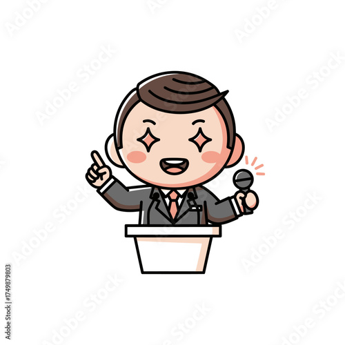 Enthusiastic Cartoon Businessman Speaking at a Podium with Microphone.