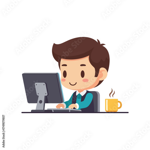Chibi style illustration of a young man working on a computer.