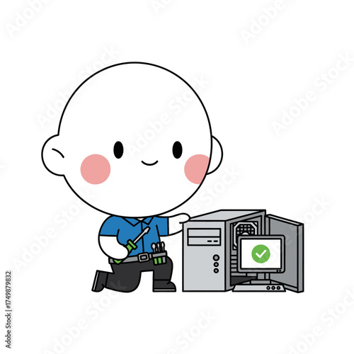 Cute Cartoon Technician Working on Computer Hardware.