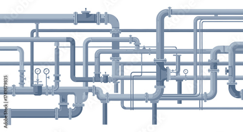 Vector illustration of an intricate industrial plumbing system, a complex network of interconnected pipes, valves, and gauges representing factory infrastructure