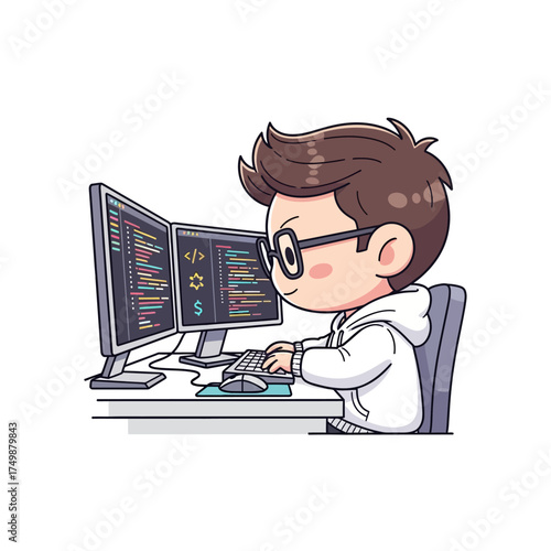 Chibi programmer coding on dual monitors wearing glasses and hoodie.