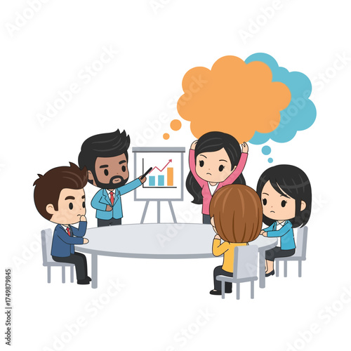 Diverse cartoon business team collaborating in a meeting.