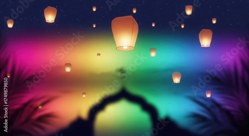 Colorful lanterns floating sky at night with silhouetted archway and vibrant lights