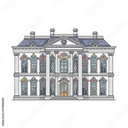 Elegant mansion with ornate windows and columns, isolated on white background
