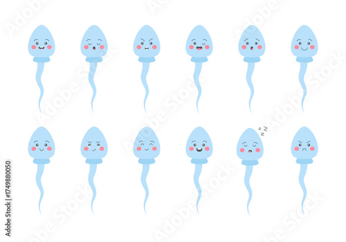 Collection of cute sperm with different emotions. Kawaii cartoon character. Sperm with emotions, happy, sad, cheerful. Vector illustration.