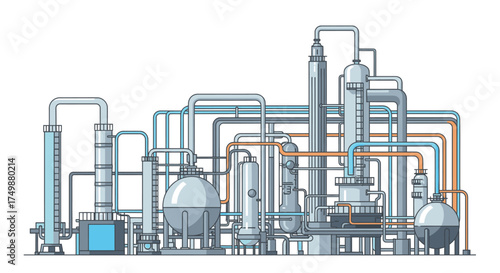 Industrial plant illustration featuring interconnected pipes, tanks, and towers, showcasing a complex manufacturing or processing facility.