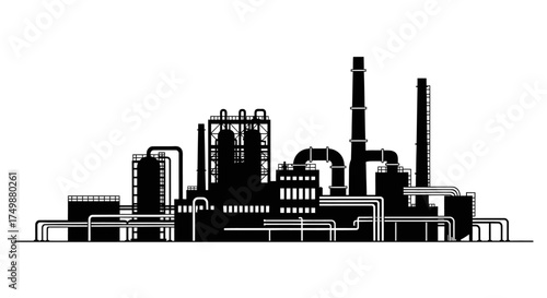 Silhouette of a large industrial factory complex with smokestacks, tanks, and pipes for manufacturing and production