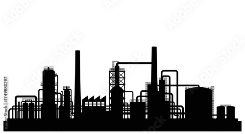 Industrial factory or oil refinery plant complex silhouette. Vector illustration of heavy industry manufacturing and production facilities