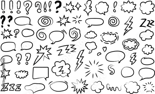 Various hand drawn comic speech bubbles and expressions on white background