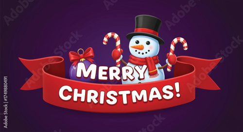 A cheerful Christmas banner featuring a snowman, ornament, and candy canes, set against a purple backdrop, perfect for spreading holiday cheer and festive spirit. 
