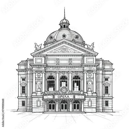 Drawing of an opera house with a dome and marquee, isolated on white background