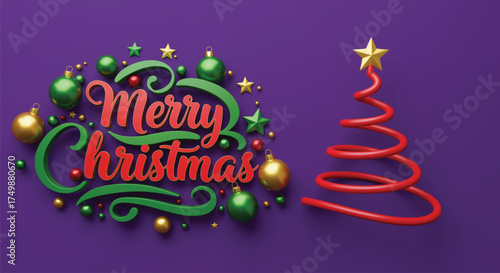 A festive illustration showcasing a Merry Christmas design with red cursive text, green and gold ornaments, and a red Christmas tree on a purple background. Happy Holidays!