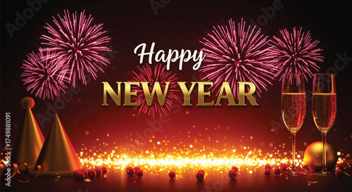 A vibrant illustration capturing the essence of New Year's Eve, featuring fireworks, champagne glasses, and party hats, creating a festive and celebratory atmosphere.